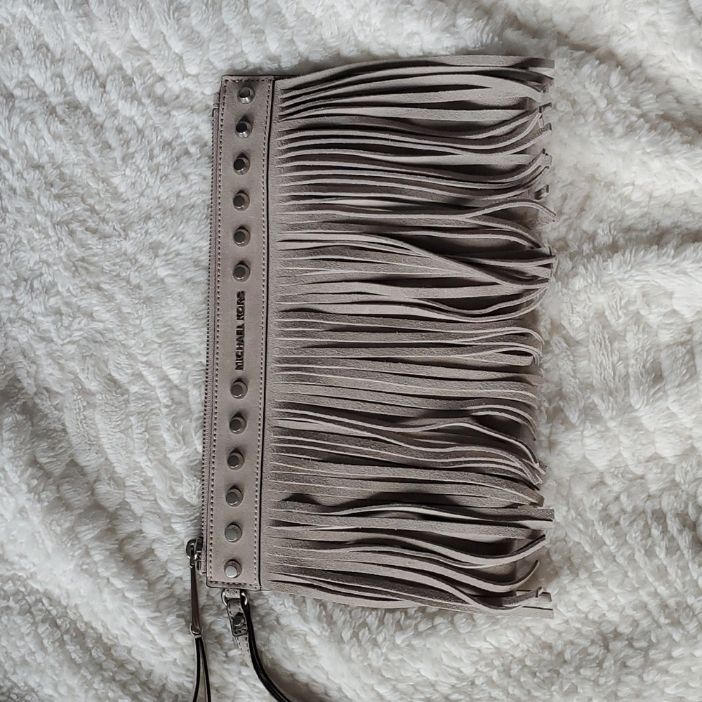 Michael Kors Billy XL Zip Clutch Suede Leather Cement